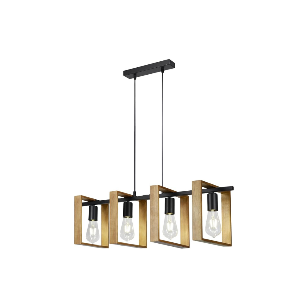 Industrialna Lampa Wisząca 4 Punktowa Drewno Czarna