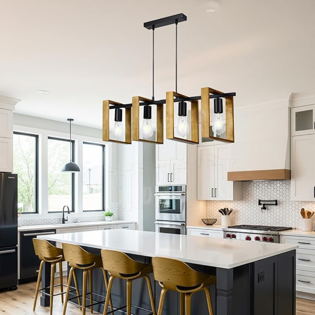 Industrialna Lampa Wisząca 4 Punktowa Drewno Czarna