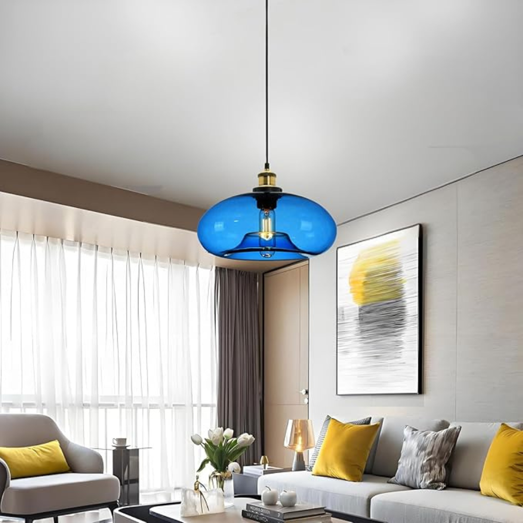 Industrialna Lampa Wisząca Niebieskie Szkło Vintage