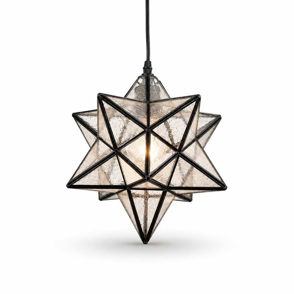 Szklana lampa wisząca w kształcie gwiazdy geometrycznej, stelaż antyczny mosiądz, oprawka E27 – widok główny – Innofol