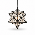Szklana lampa wisząca w kształcie gwiazdy geometrycznej, stelaż antyczny mosiądz, oprawka E27 – widok główny – Innofol