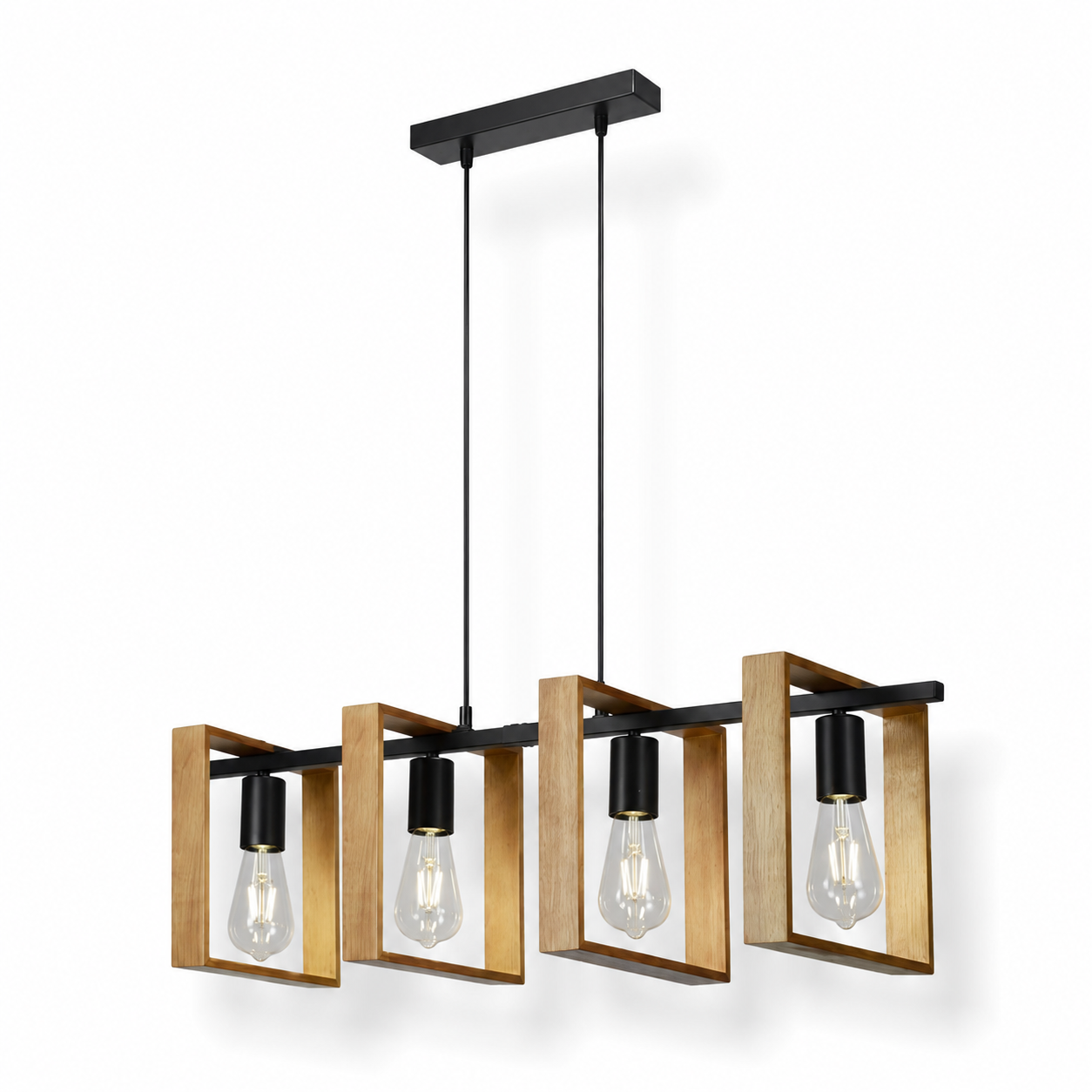 Lampa Wisząca 4-Punktowa z Drewna i Metalu – Czarna