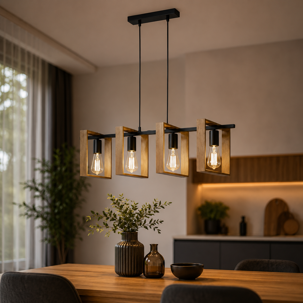 Lampa Wisząca 4-Punktowa z Drewna i Metalu – Czarna